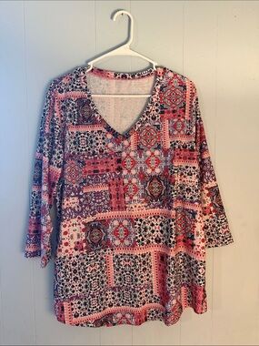 Patchwork Print V-Neck Tunic in Pink Multi